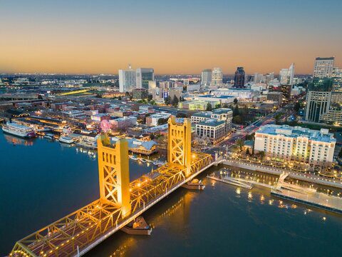 Aerial view of Sacramento's golden Tower Bridge