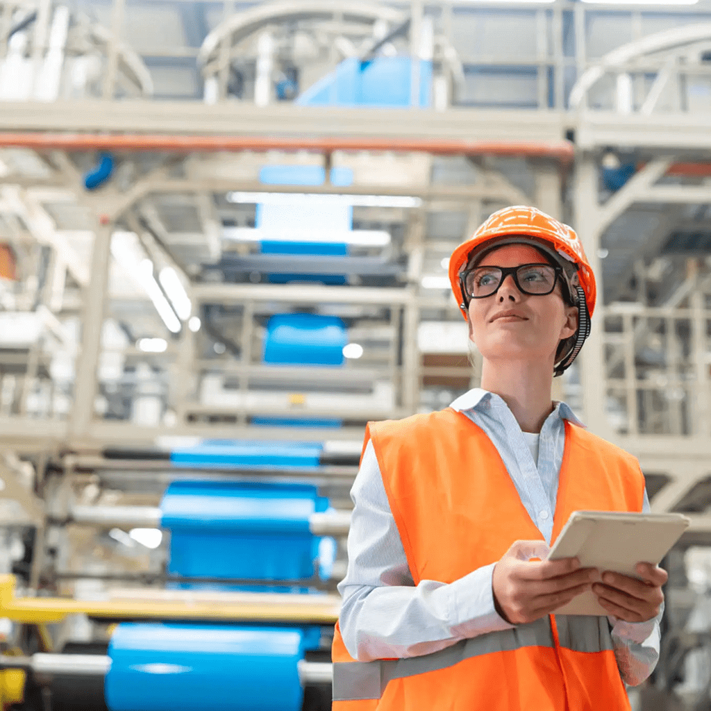 Worker in safety gear inspecting a manufacturing facility.