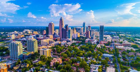 Aerial view of Charlotte skyline and neighborhoods