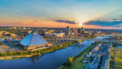Memphis skyline at sunset with pyramid