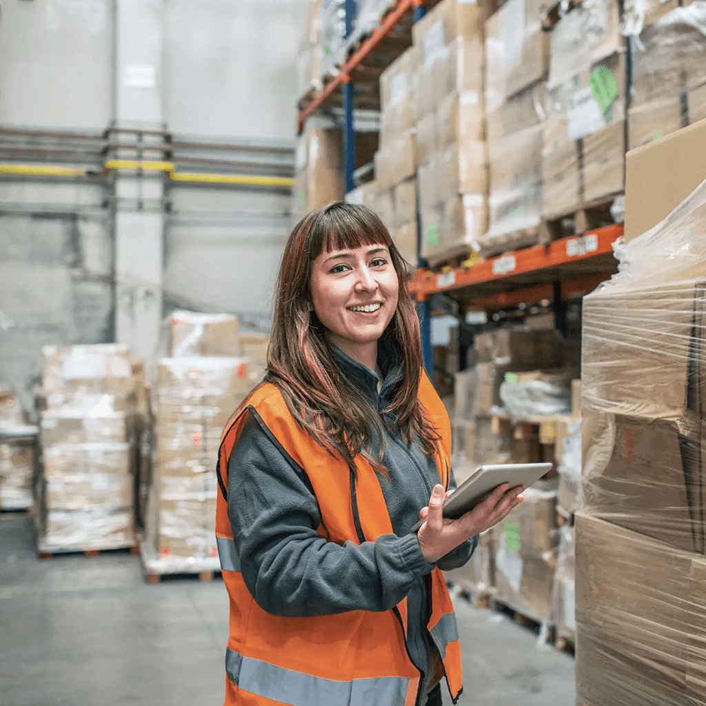 Warehouse worker smiling while checking inventory on a tablet.