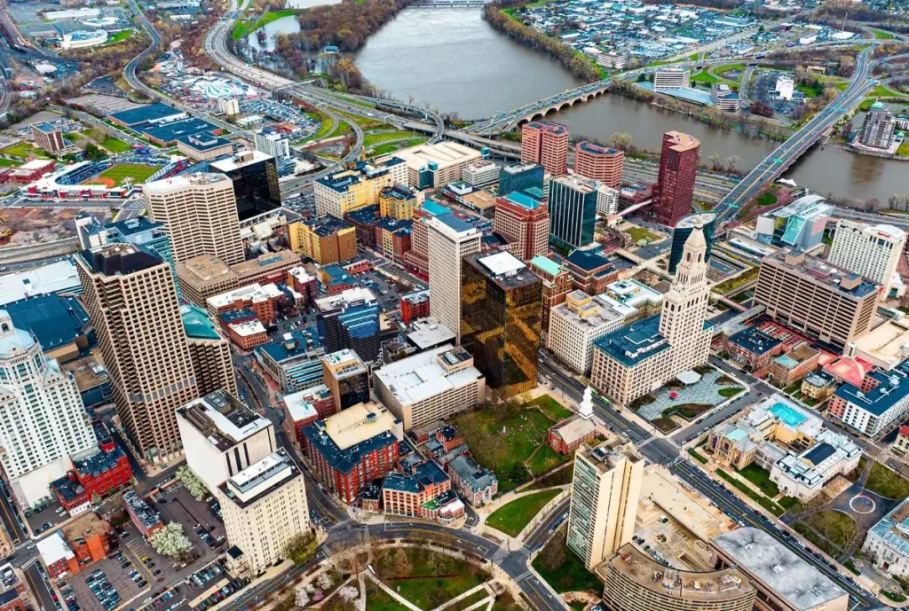 Aerial riverside view of downtown city skyline